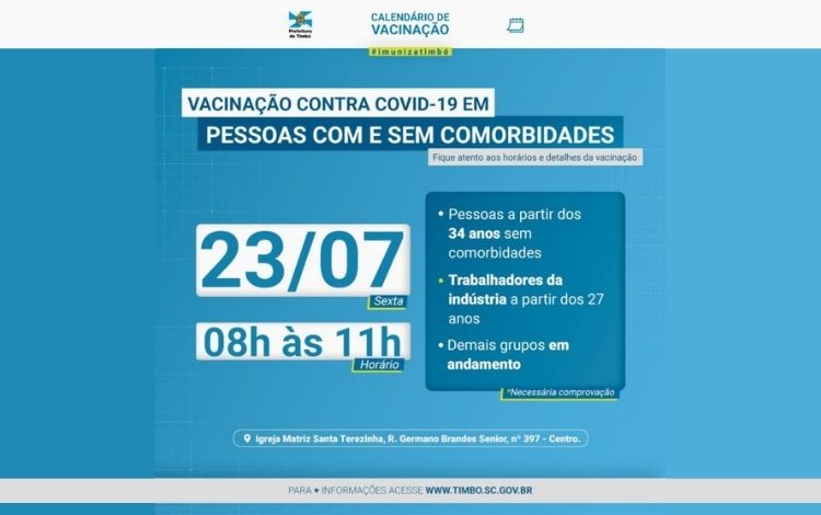Timbó realiza vacinação contra a Covid-19 de novos grupos nesta semana