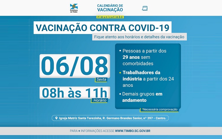 Timbó vacina contra Covid-19 pessoas a partir dos 29 anos