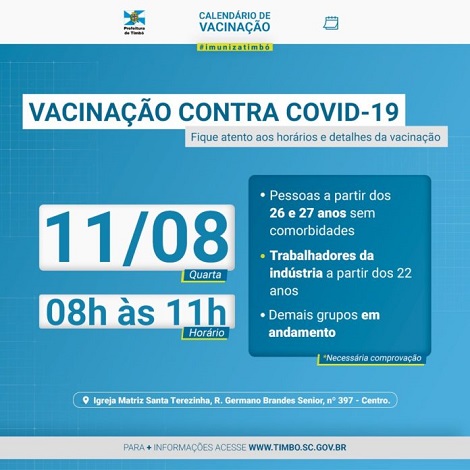 Nesta quarta-feira Timbó vacina a população contra a Covid-19