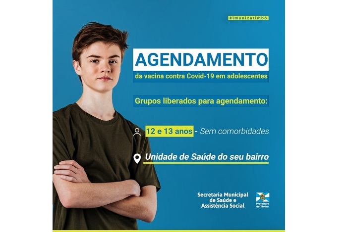 Vacinação contra a Covid-19 em adolescente com 12 e 13 anos através de agendamento inicia em Timbó