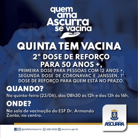 Nesta quinta-feira tem vacinação contra o Covid-19 em Ascurra