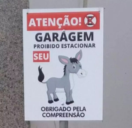 Placa de Proibido Estacionar com um burro desenhado chama a atenção em Gaspar
