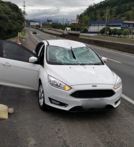 Condutor leva susto após pneu parar em para-brisas de veículo em Joinville