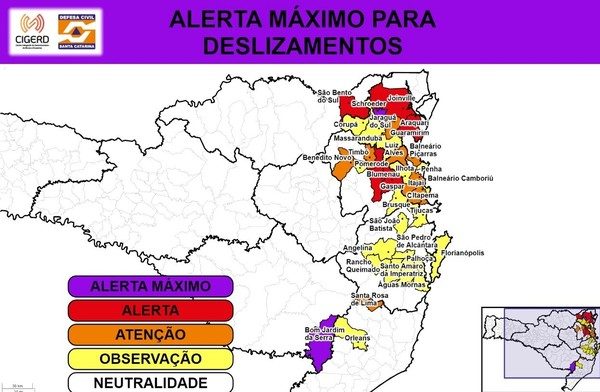 Alerta máximo para deslizamentos é emitido pela Defesa Civil de SC