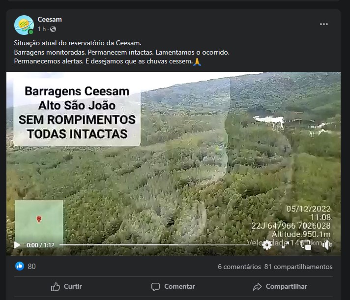 Ceesam confirma que as barragens em Benedito Novo estão seguras e tranquiliza a população