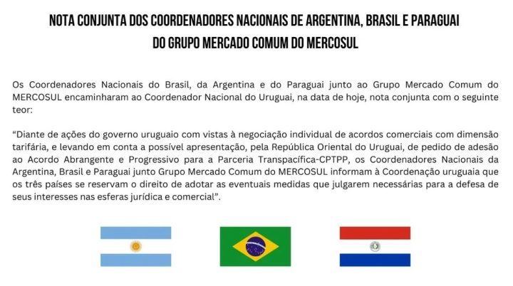 Brasil, Paraguai e Argentina emitem alerta ao Uruguai por buscar negócios individualmente