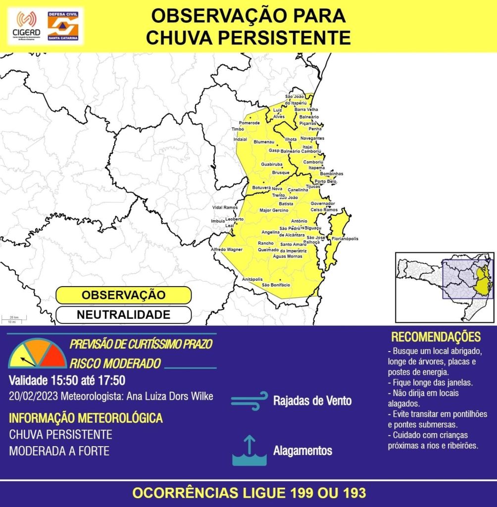 Defesa Civil alerta para chuva persistente no Médio Vale do Itajaí