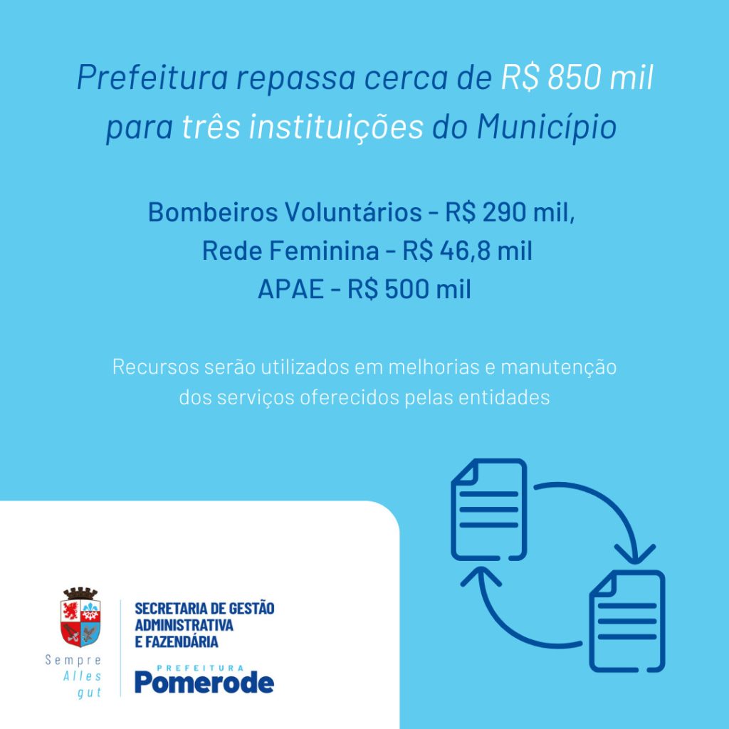 Prefeitura de Pomerode repassa R$ 850 mil para três instituições do município