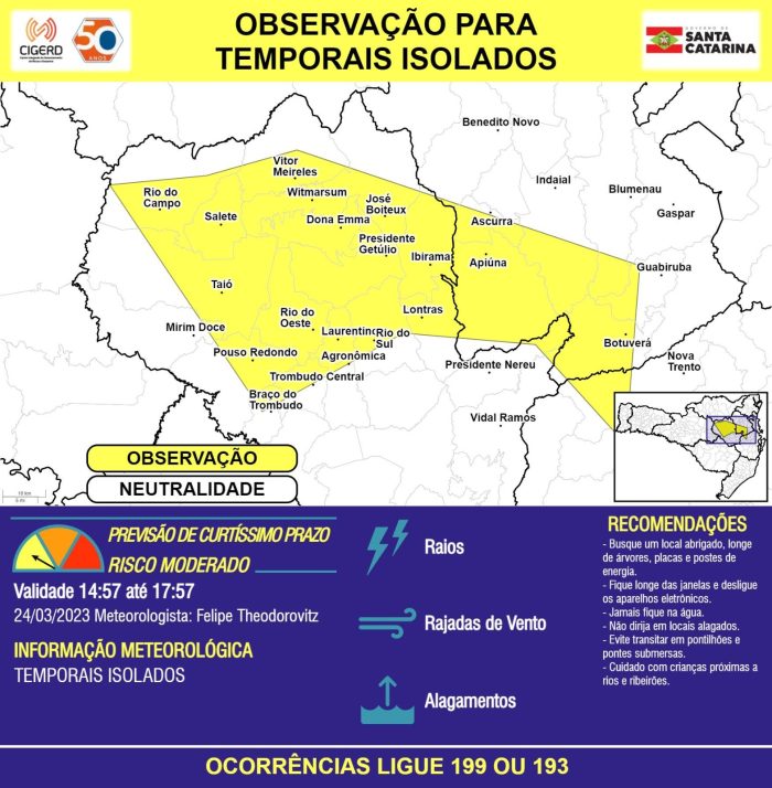 Defesa Civil emite alerta para temporais com alagamentos no litoral e na região do Vale do Itajai