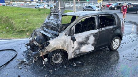 Carro fica destruído após pegar fogo em shopping de Blumenau