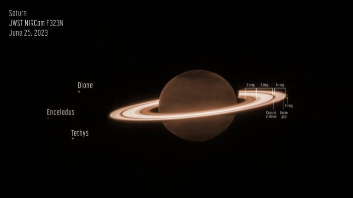 James Webb fotografa Saturno e luas em infravermelho e impressiona