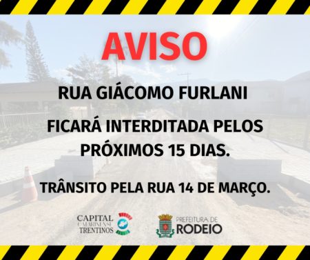 Rua Giácomo Furlani fica interditada por 15 dias para pavimentação e revitalização em Rodeio