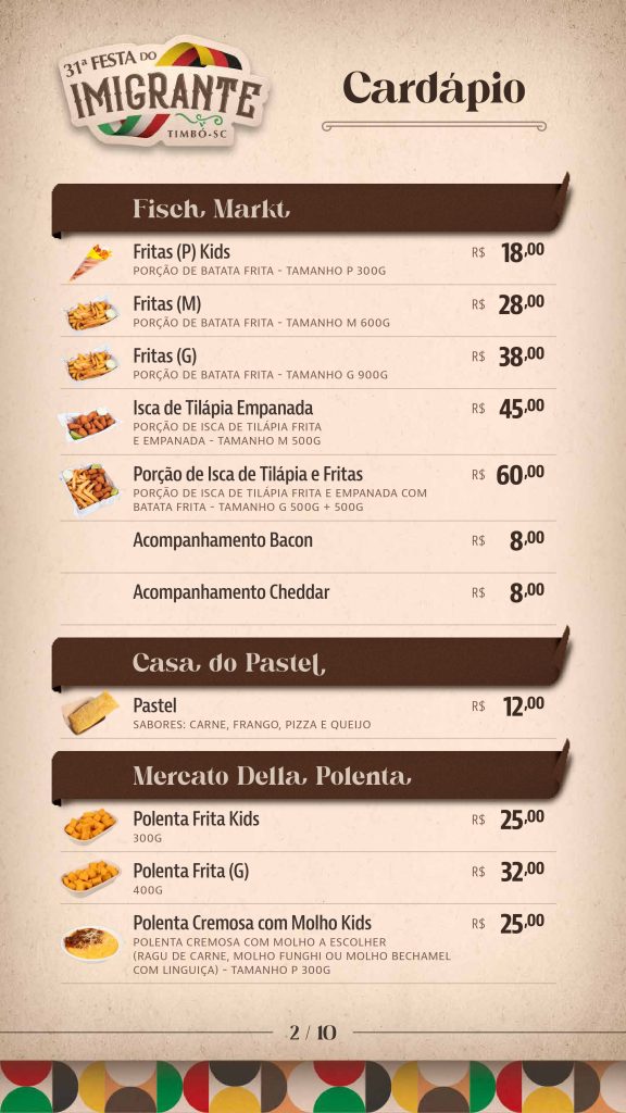 Confira as opções e os valores da gastronomia na 31ª Festa do Imigrante de Timbó