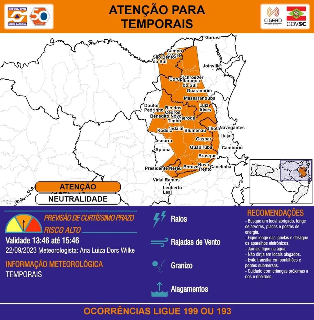 Alerta de tempestade de raios, granizo e alagamentos em Timbó e região é emitido pela Defesa Civil 
