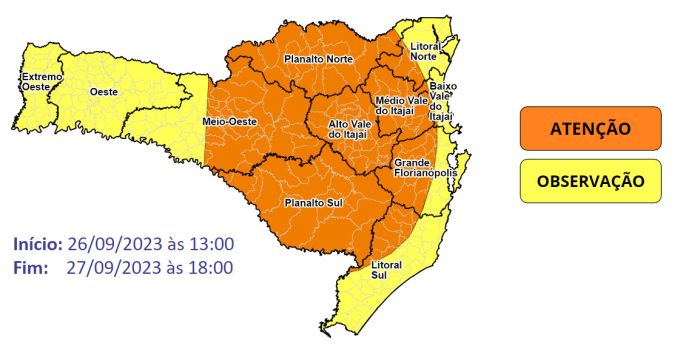 Defesa Civil emite alerta para risco de chuva intensa e formação de ciclone em Santa Catarina nos próximos dias