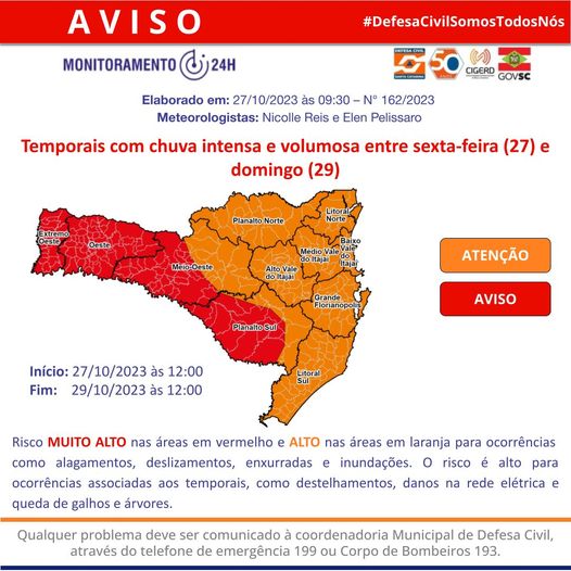 Defesa Civil alerta para previsão de chuvas intensas em Timbó no final de semana