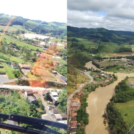 Imagens aéreas mostram situação de Rio do Sul e Taió após chuvas intensas