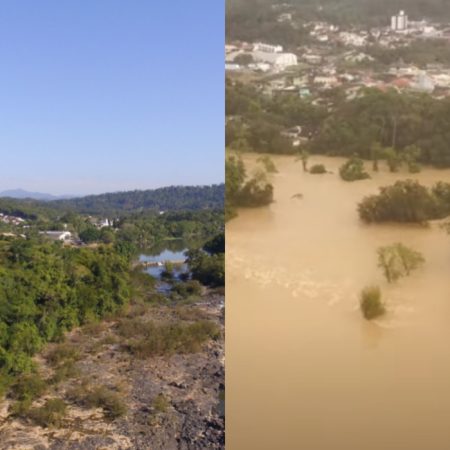 Estiagem e enchente: veja as imagens aéreas que mostram o contraste em Blumenau