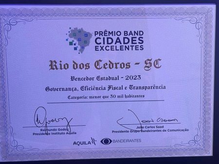 Rio dos Cedros recebe premiação Band Cidades Excelentes