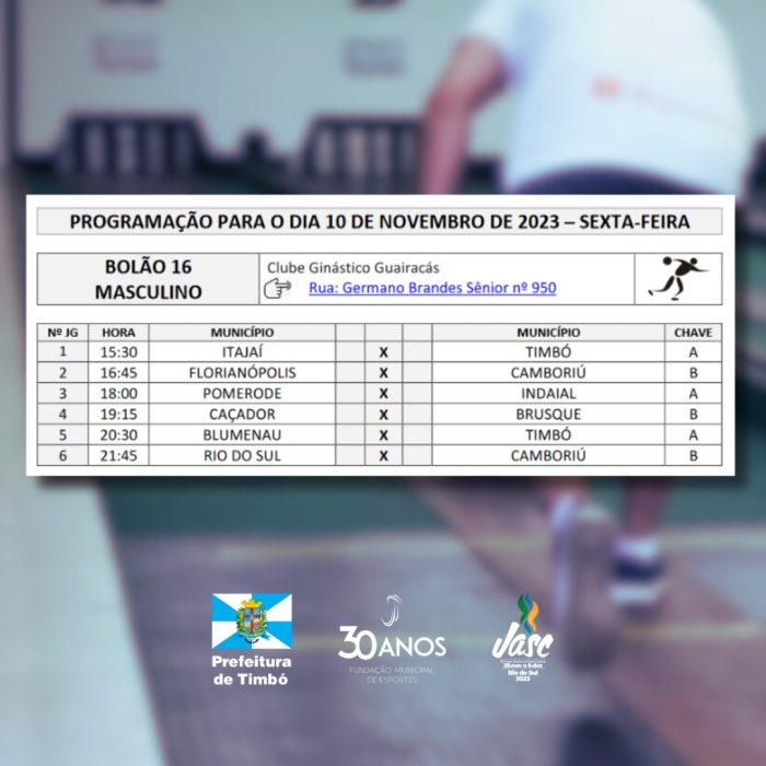 JASC 2023: Timbó recebe duas modalidades da Fase Estadual da competição