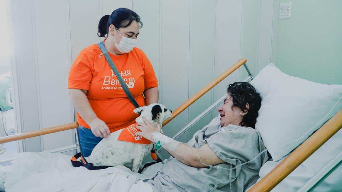 Terapeutas de quatro patas levam alegria a pacientes em tratamento de câncer no Cepon em SC