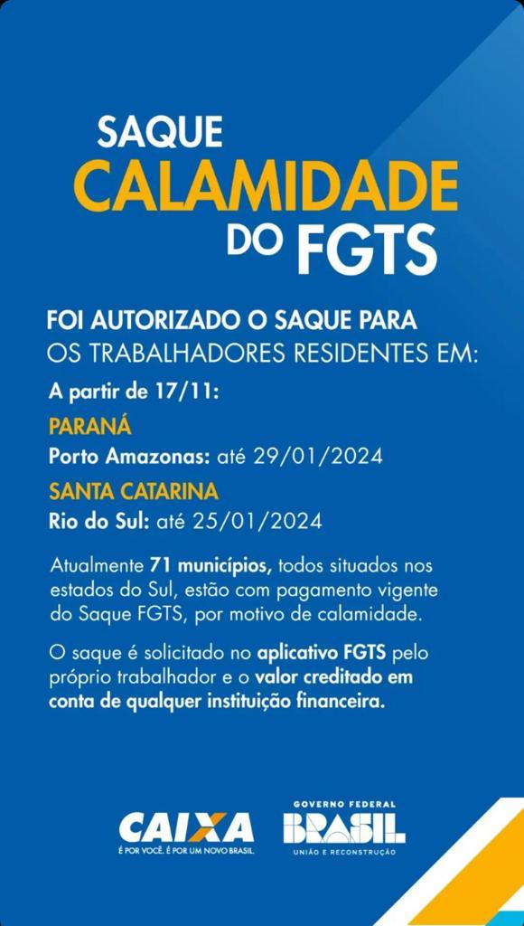 Caixa libera saque do FGTS para residentes de Rio do Sul em meio a estado de calamidade