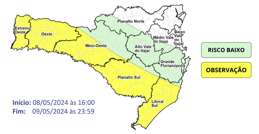 Em SC, Defesa Civil alerta para temporais isolados a partir da tarde desta quarta 