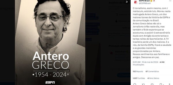 Antero Greco, jornalista esportivo, morre aos 69 anos em decorrência de câncer