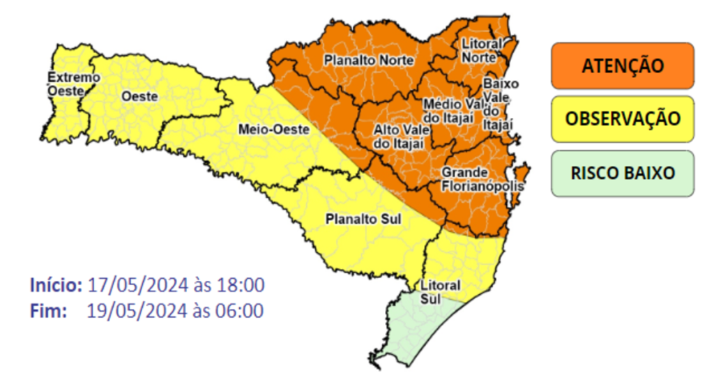 Santa Catarina deve enfrentar chuvas no fim de semana com acúmulos de até 100 mm