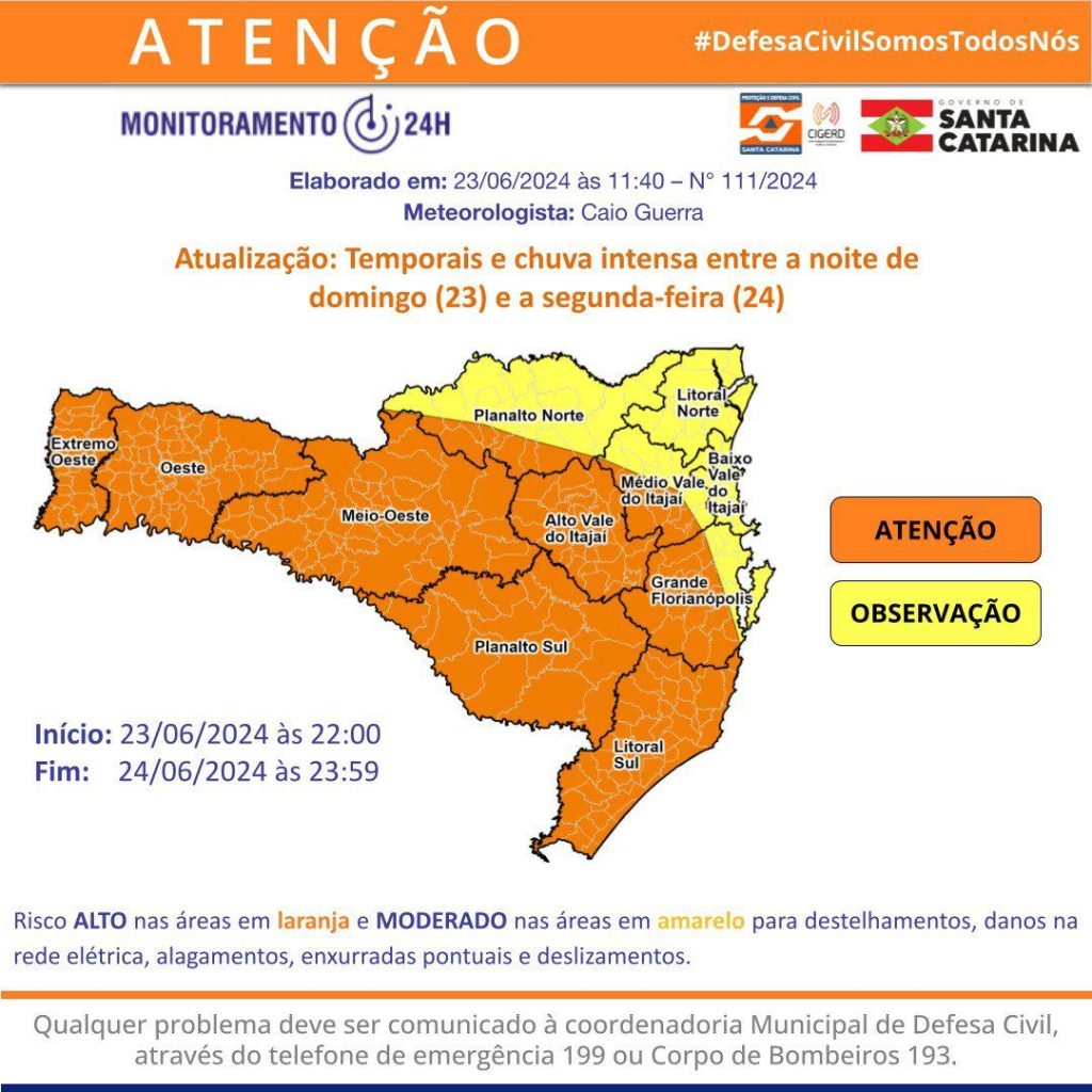 Frente fria traz risco de temporais e granizo em Santa Catarina