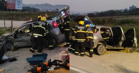 Colisão entre carro e ônibus em Gaspar deixa motorista com ferimento grave na cabeça