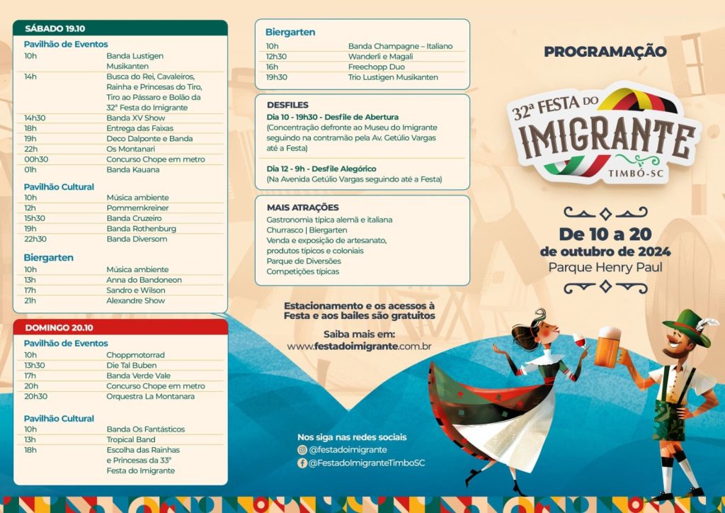 Programação da Festa do Imigrante no mês de Outubro; confira