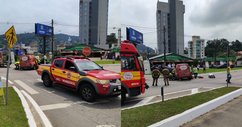 Colisão entre 2 carros em Gaspar deixa um ferido e causa capotamento