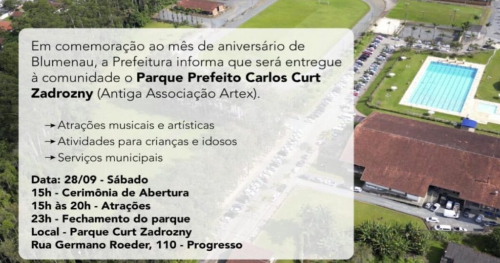 Com 100 mil metros quadrados, parque público será inaugurado em Blumenau