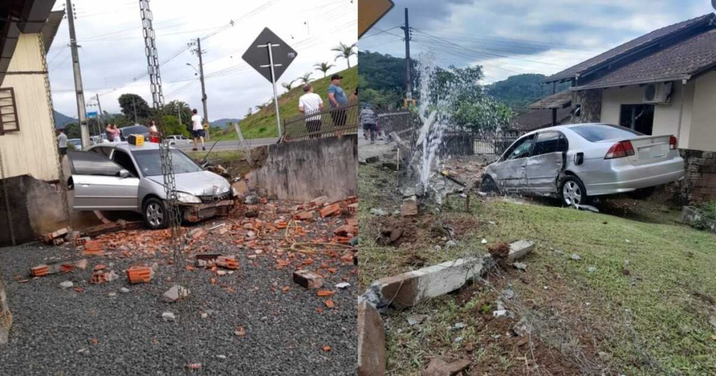 Colisão entre veículos em Rodeio deixa professora ferida; carro invade terreno de residência