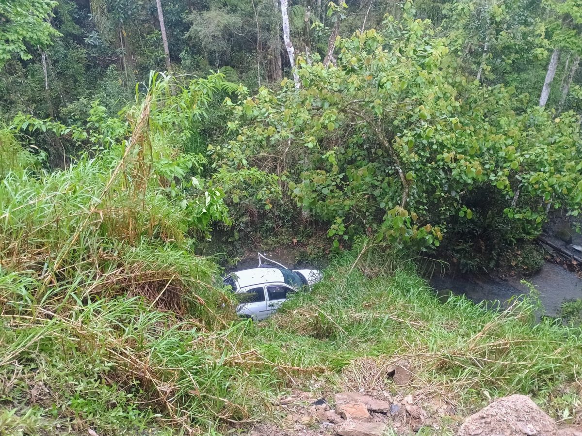 Condutor fica ferido após sair de pista e despencar de ribanceira com cerca de 30 metros de profundidade em Dona Emma 