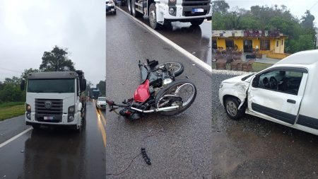 Em Indaial, colisão entre 3 veículos deixa motociclista com graves ferimentos 