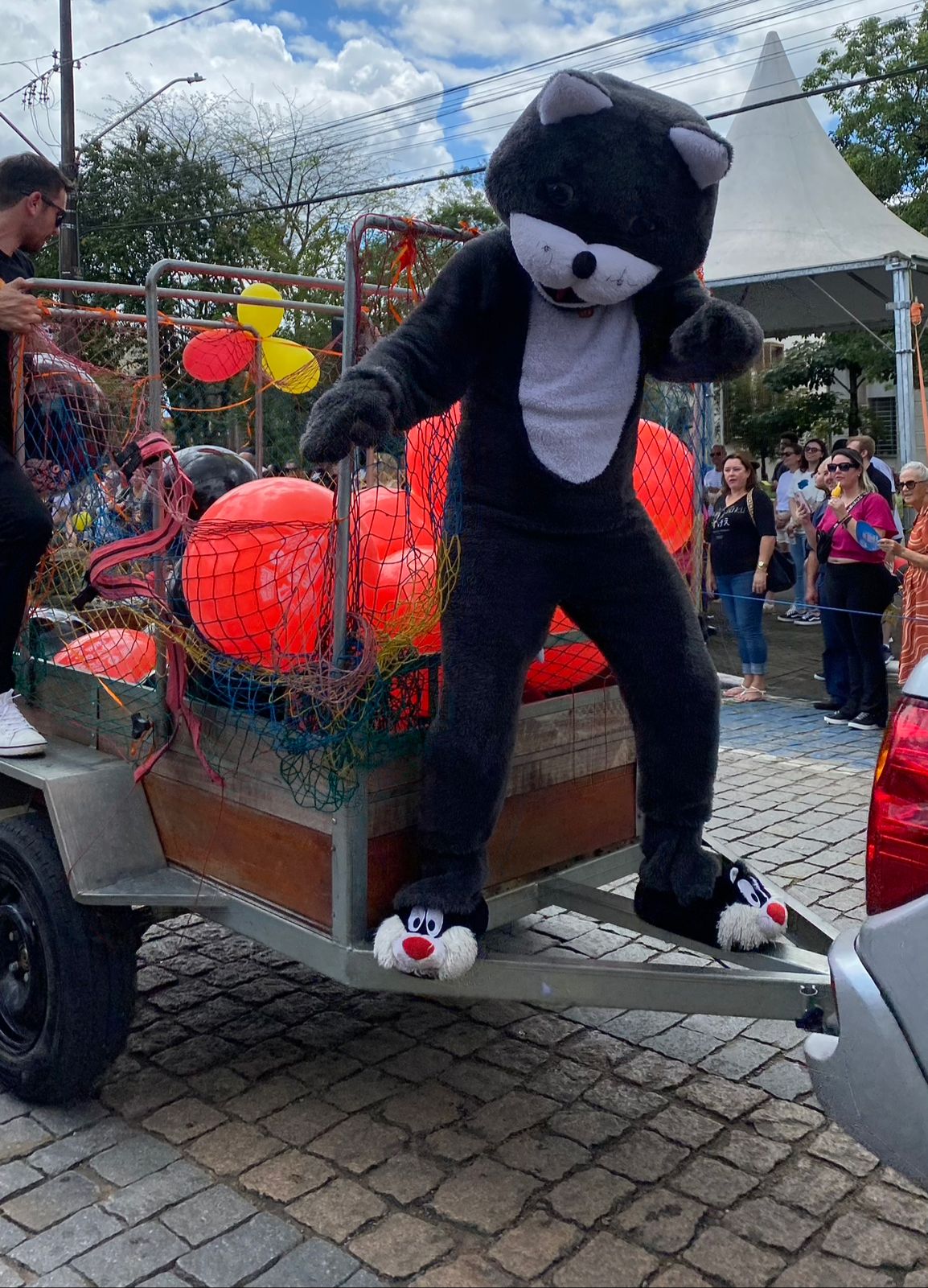 Mascotes do Misturebas levaram alegria para a criançada no desfile em Timbó