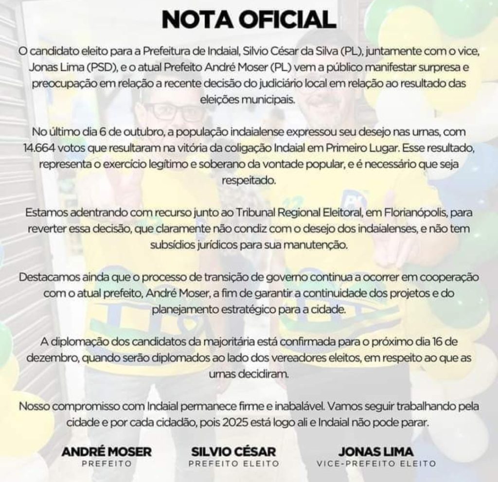 Prefeito André Moser se pronuncia sobre cassação e manifesta apoio aos eleitos em Indaial