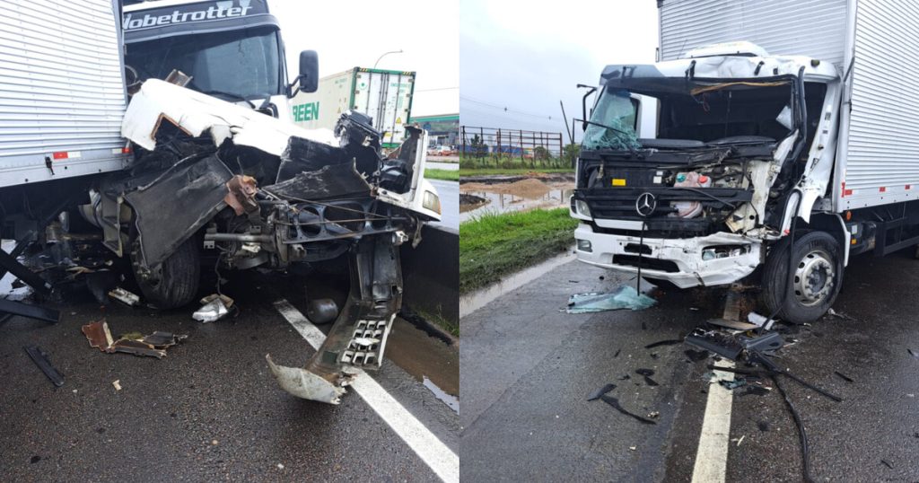 Colisão entre caminhões e ônibus deixa vítima presa às ferragens na BR-101