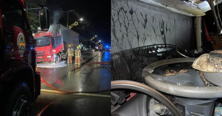 Caminhão é destruído pelo fogo em SC, mas motorista consegue escapar