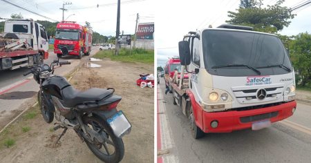 Adolescente de 16 anos fica ferido após bater de moto contra um caminhão em Santa Catarina