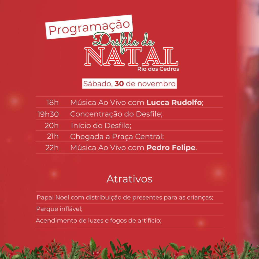 Desfile de Natal em Rio dos Cedros terá shows de Lucca Rudolfo e Pedro Felipe