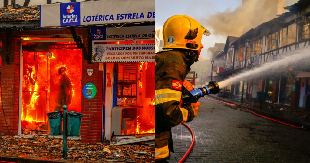 Incêndio destrói complexo de lojas em Blumenau e combate dura mais de 7 horas