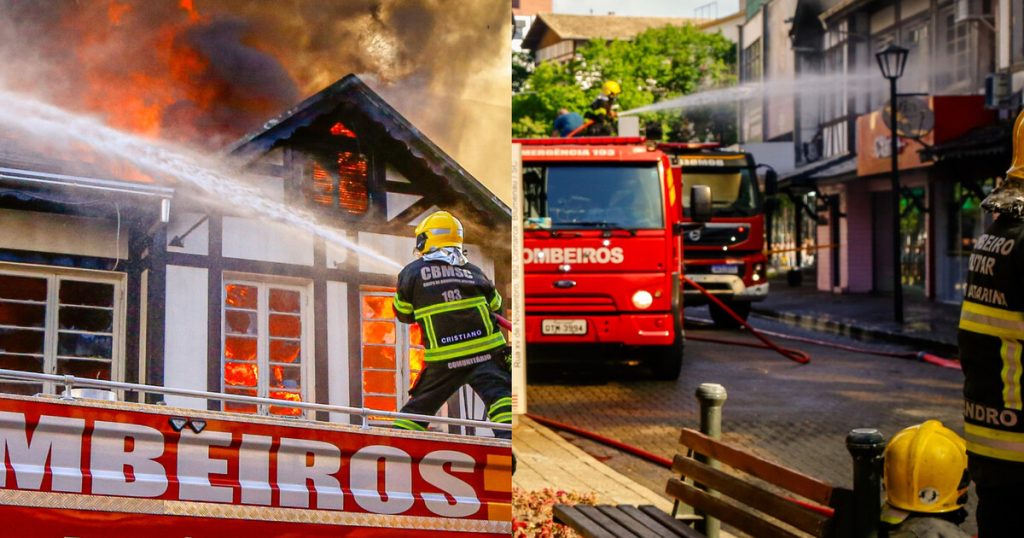 Incêndio destrói complexo de lojas em Blumenau e combate dura mais de 7 horas