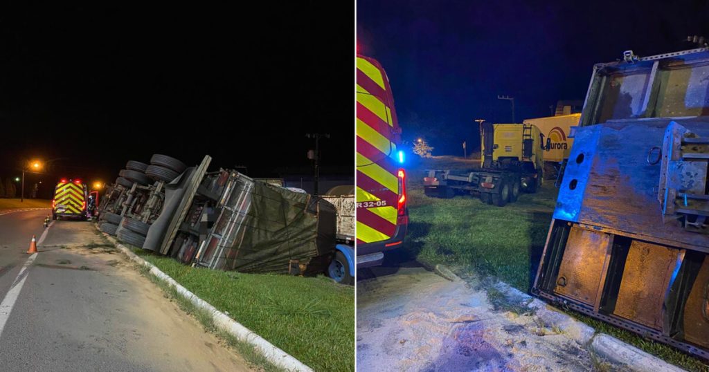 Carreta sai da pista e tomba na BR-470 em Ascurra