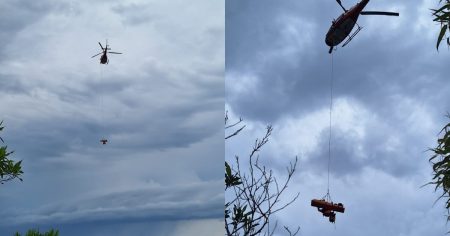 Mulher de 61 anos é resgatada de helicóptero após cair em trilha famosa no Morro do Macaco