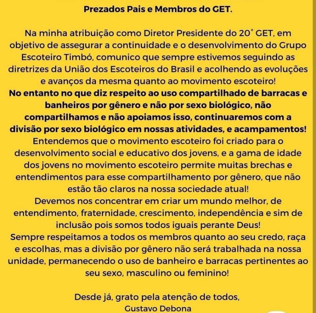 Grupo Escoteiro de Timbó mantém divisão por sexo biológico em atividades e acampamentos