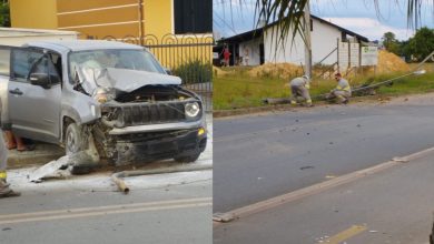 Veículo colide com poste em Timbó e deixa moradores sem energia