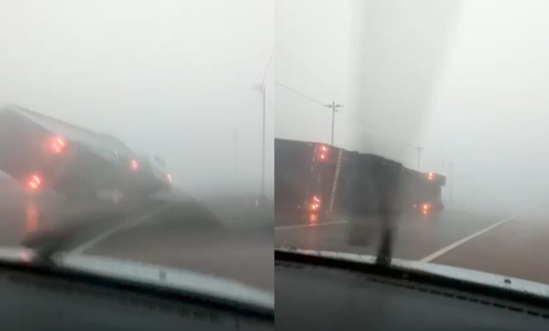 Caminhão tomba devido a fortes ventos durante temporal em Porto Alegre